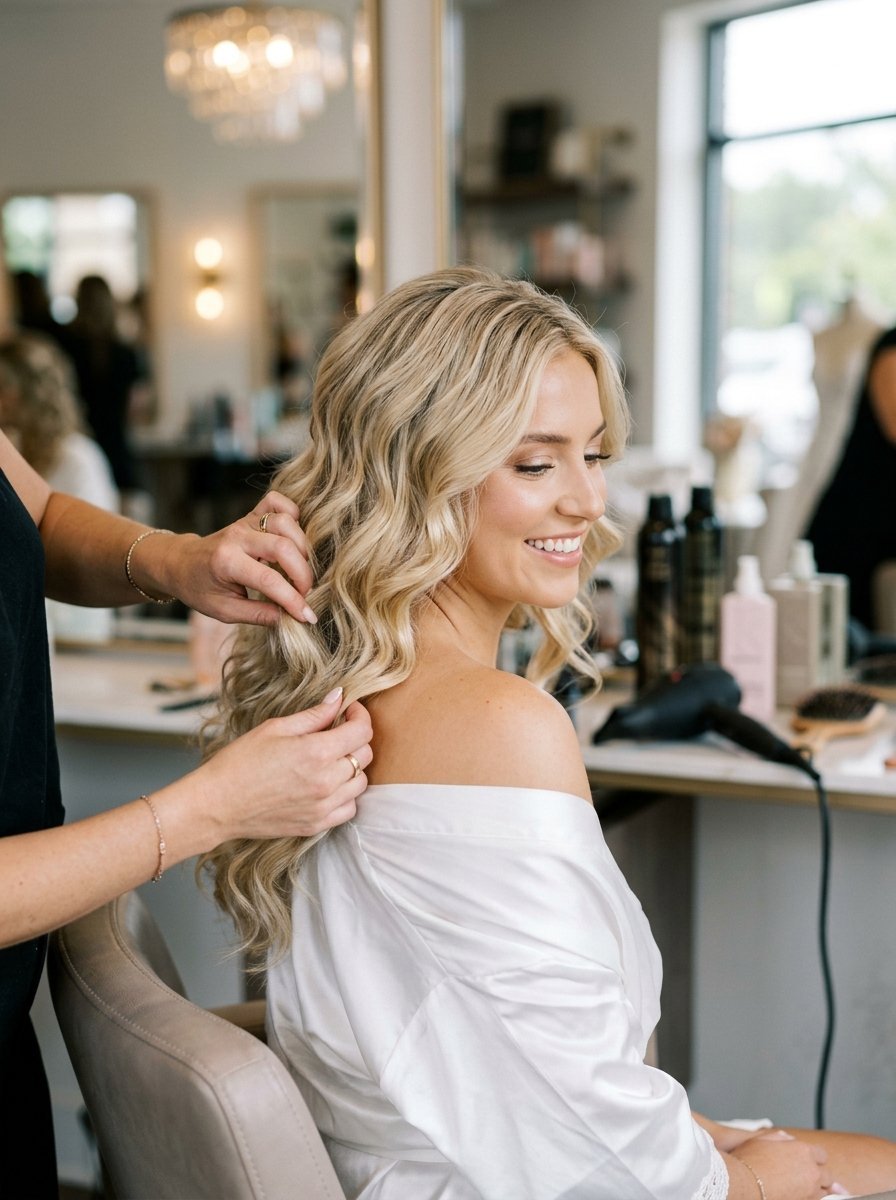 Stylist hands carefully arranging soft waves in a bride's blonde hair at a salon.