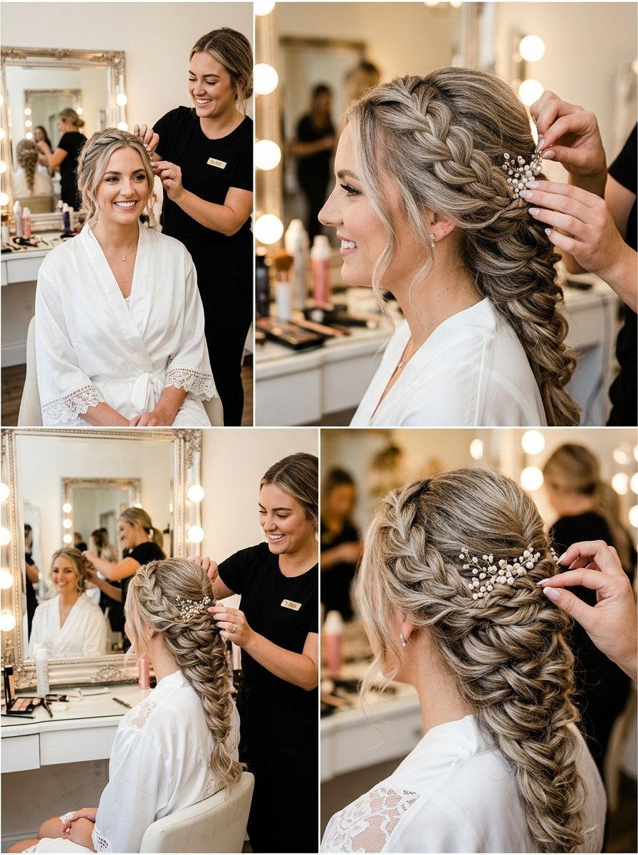 A hairstylist pins a pearl hairpiece into the bride's long, braided blonde hair in front of a lighted vanity mirror.