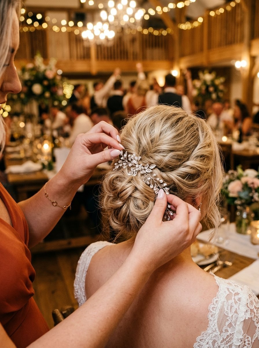 Close-up of a bridesmaid adjusting a sparkling silver floral hair accessory into the blonde bride's braided bun.