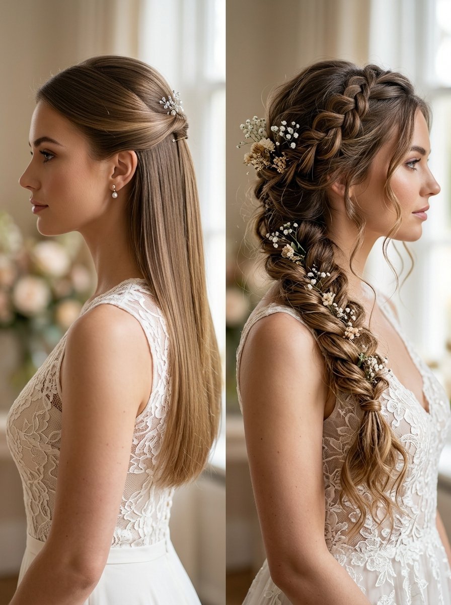 Split image of a bride showing a sleek half-up style and an intricate side braid decorated with baby's breath flowers.