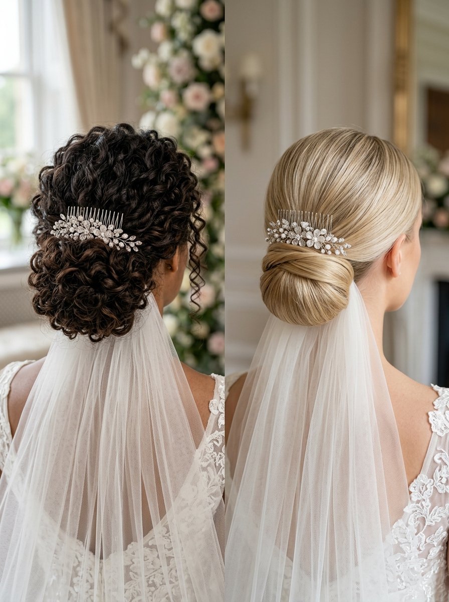 Comparison of curly and smooth blonde bridal updos both featuring decorative silver floral hair combs and veils.