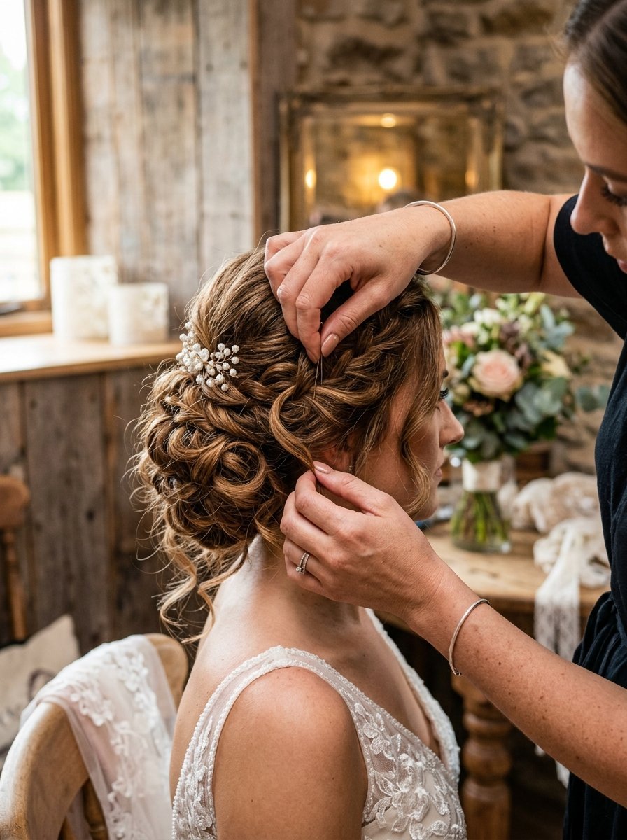 Close-up of a stylist placing a hairpin into a bride's intricate curly updo with pearl hair accessories.