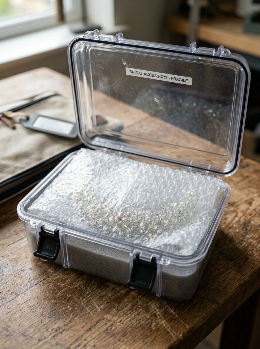 A clear plastic box labeled as a fragile bridal accessory contains a pearl and crystal hair vine wrapped in bubble wrap.