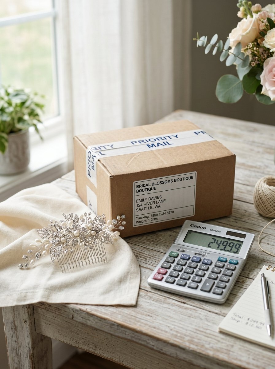 Shipping box for Bridal Blossoms Boutique, a pearl hair comb, and a Canon calculator resting on a rustic wooden table.