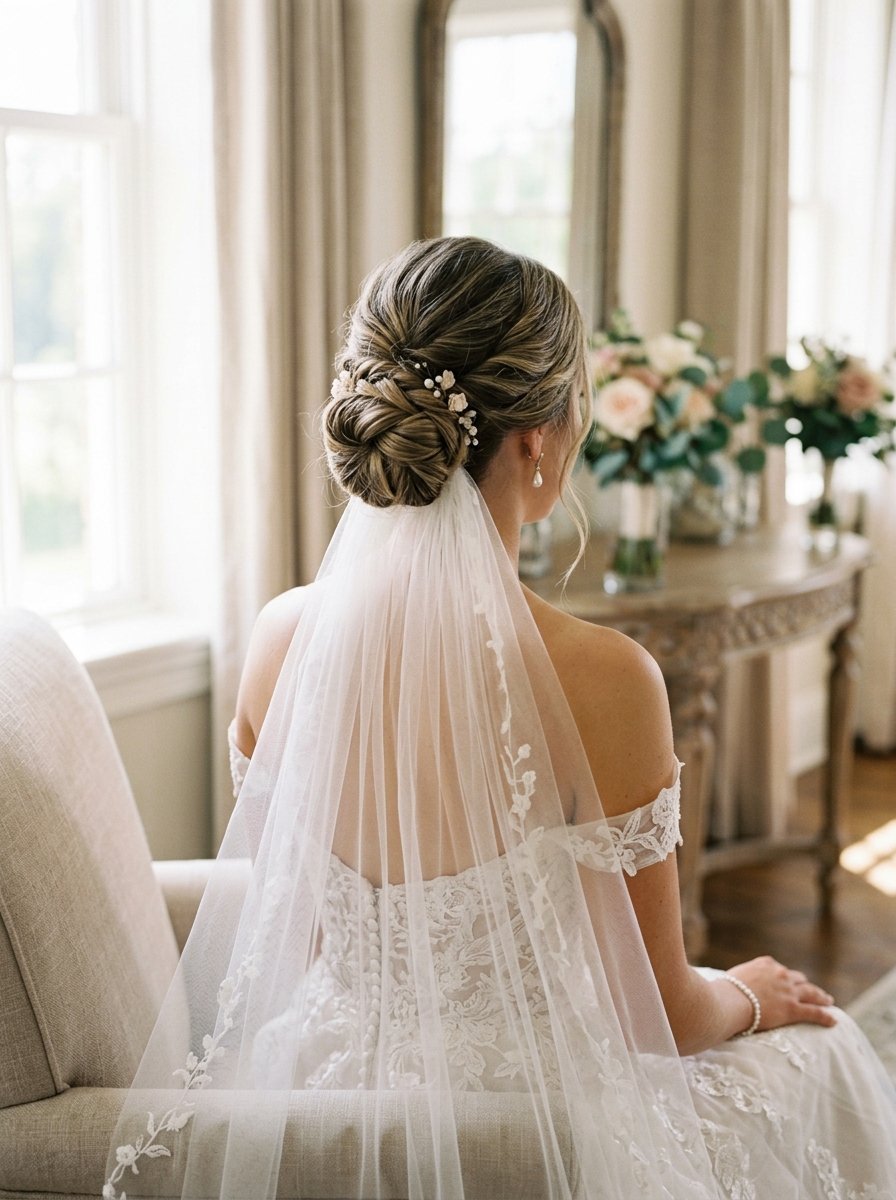 Back view of a bride with a braided bun and pearl hair piece wearing a long embroidered lace veil.