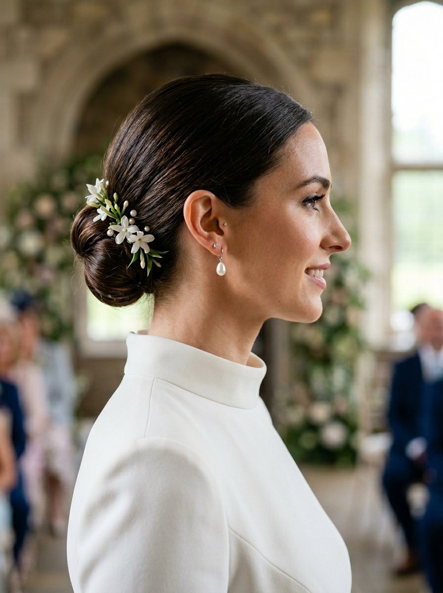 Side profile of a woman with dark hair styled in a chic low bun accented with small white flowers and pearl earrings.