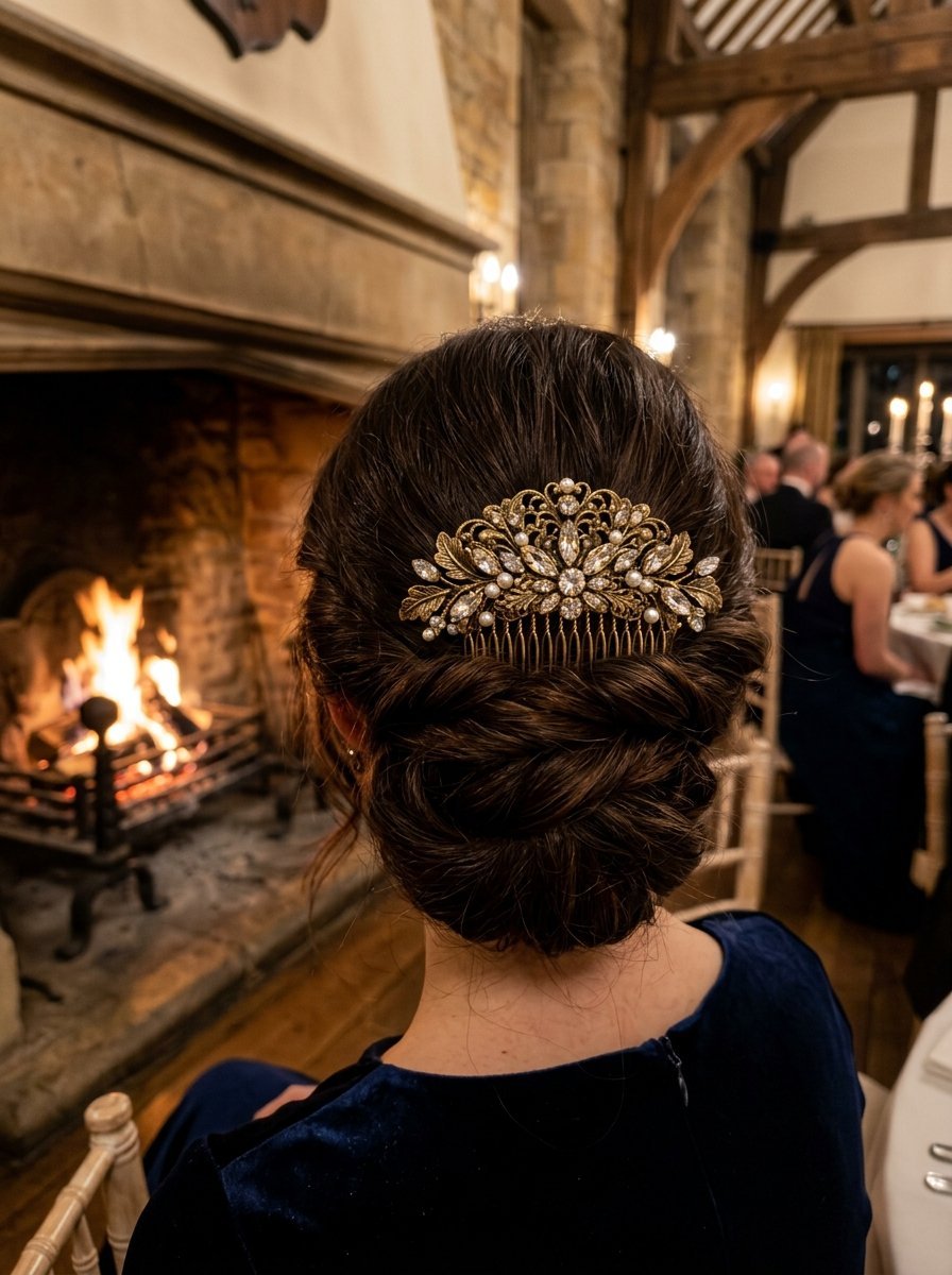 Close-up of a brunette woman wearing a gold filigree hair comb with crystals and pearls during a warm fireside event.