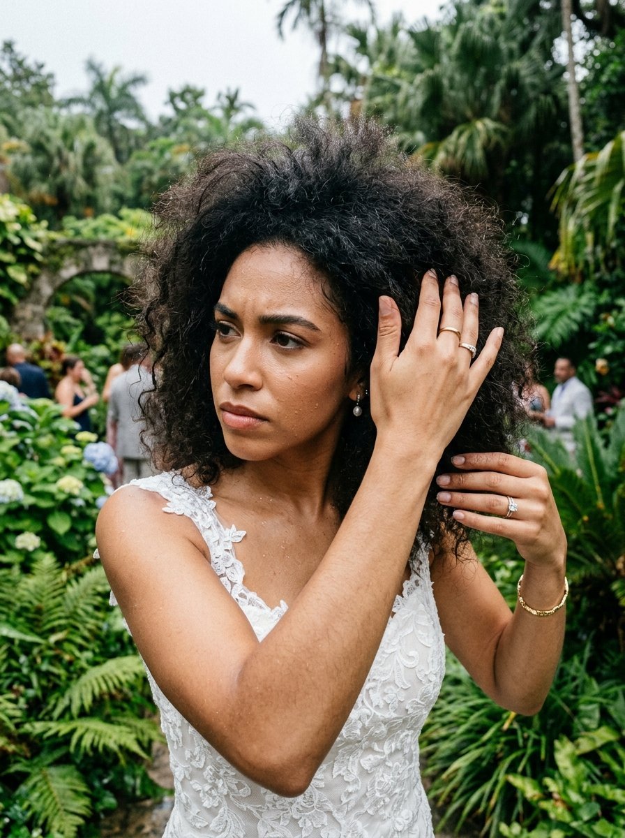 Close-up of a bride with curly hair adjusting her locks while wearing an elegant white lace gown in a lush garden.
