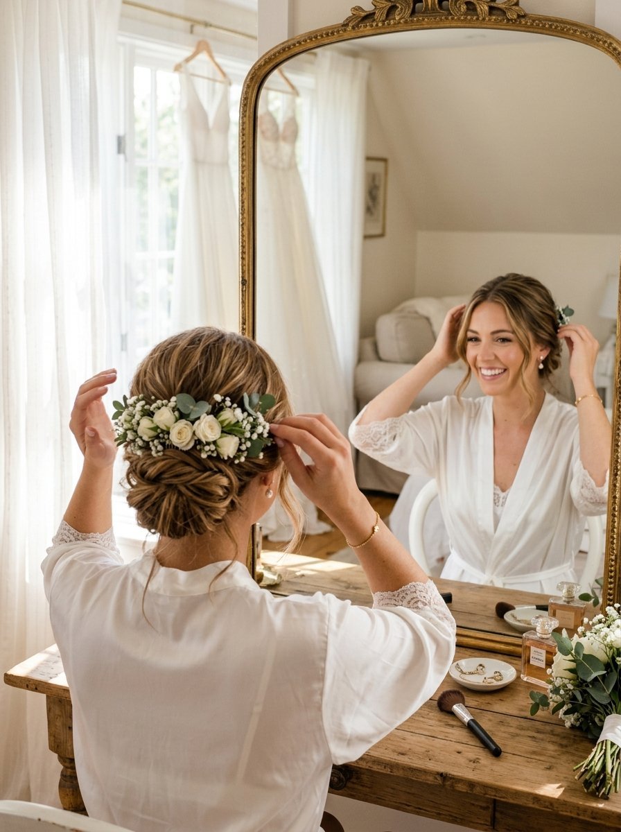 Bride in a white robe looking at her reflection while fixing her hair with white roses and baby's breath.