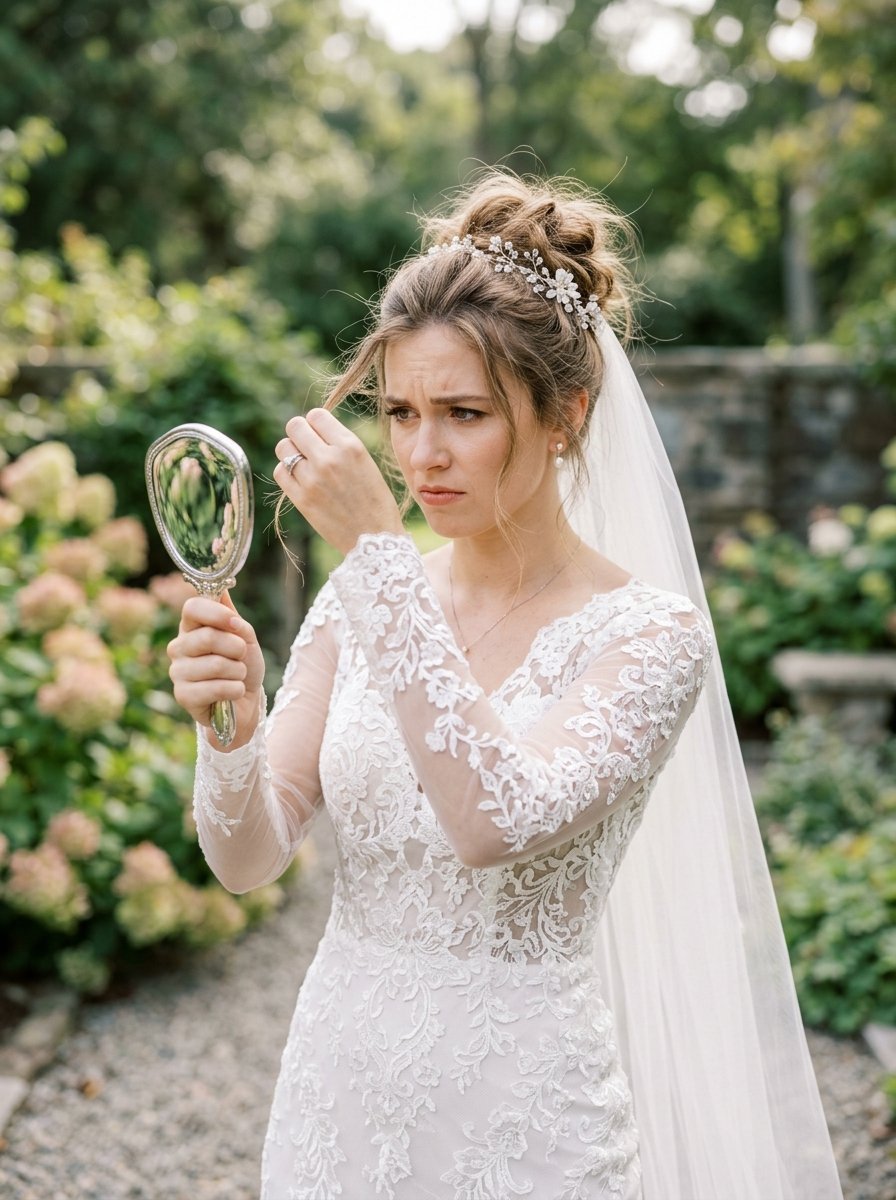 Bride in lace gown holding handheld mirror and fixing a strand of hair outdoors.