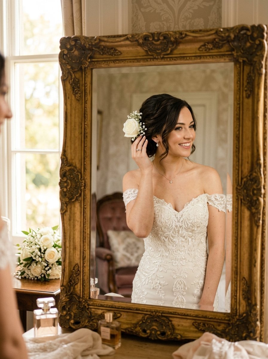 A bride in an off-the-shoulder lace dress looking at her reflection in an ornate gold vintage mirror.