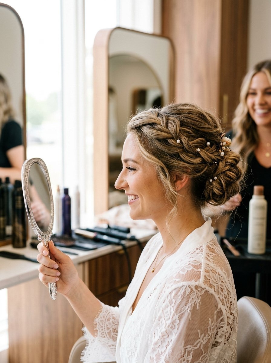 Bride looking in a hand mirror to check her intricate braided updo with pearl accents while sitting in a salon.