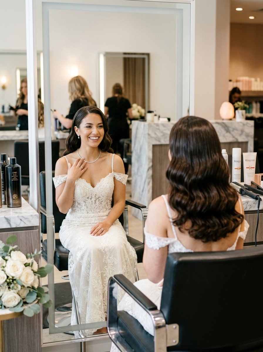 A bride in a lace gown sits in a salon chair viewing her styled hair in a large, illuminated mirror.