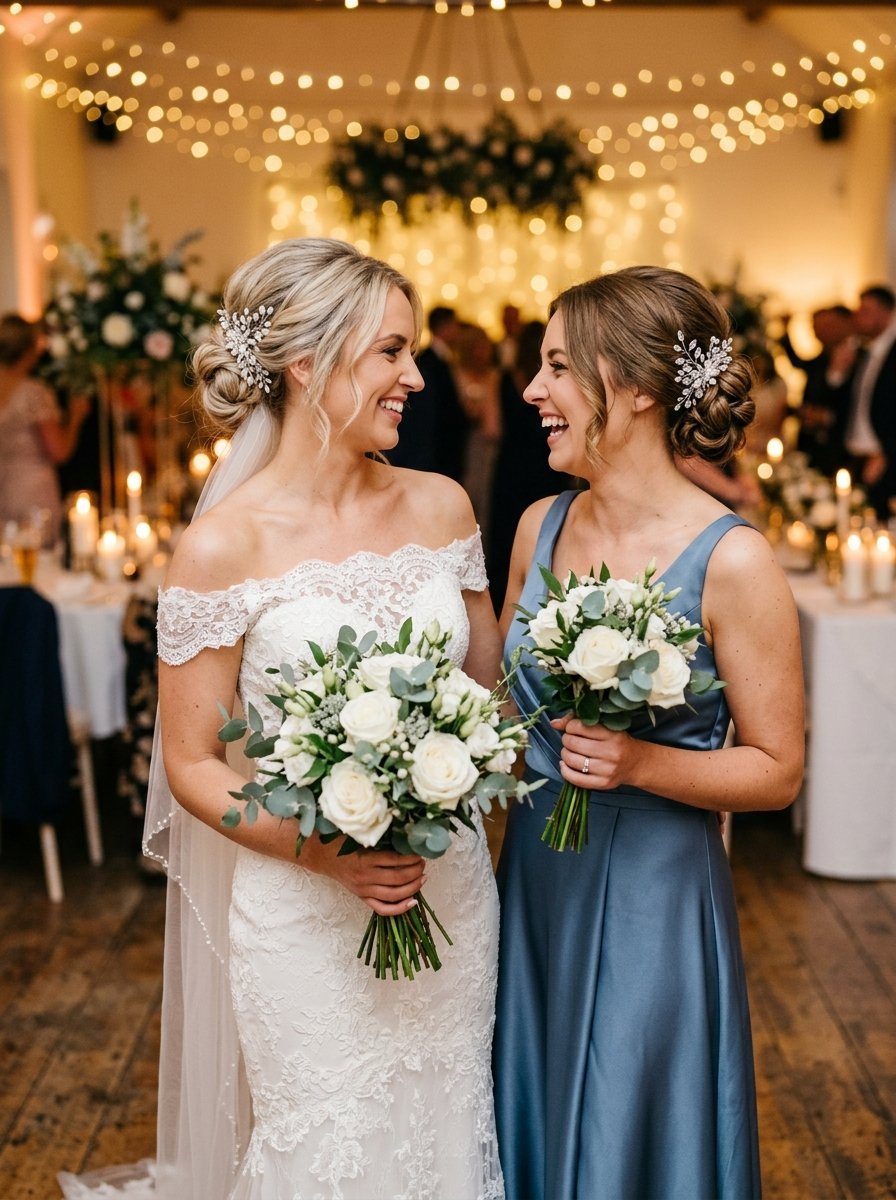 Bride in a lace dress and bridesmaid in a blue gown holding white rose bouquets at a wedding reception.
