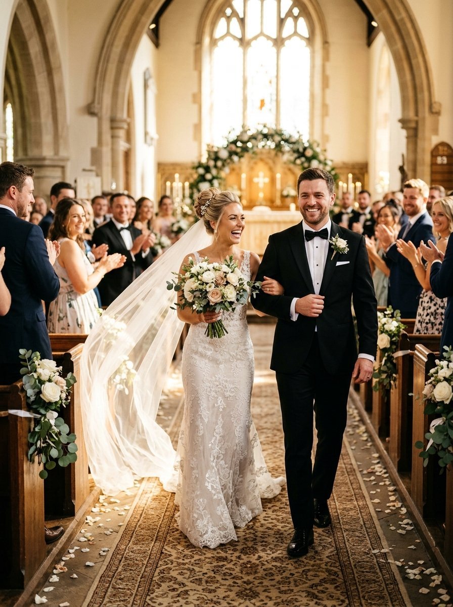 Happy bride and groom holding arms and laughing while walking down a church aisle as wedding guests applaud.