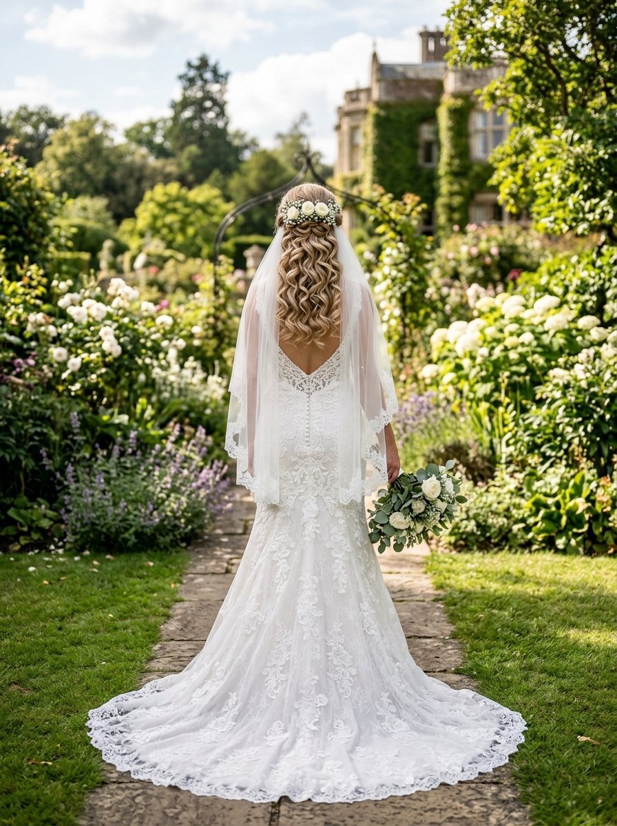 Rear view of a bride in a lace wedding dress and floral headpiece holding a bouquet in a scenic garden.