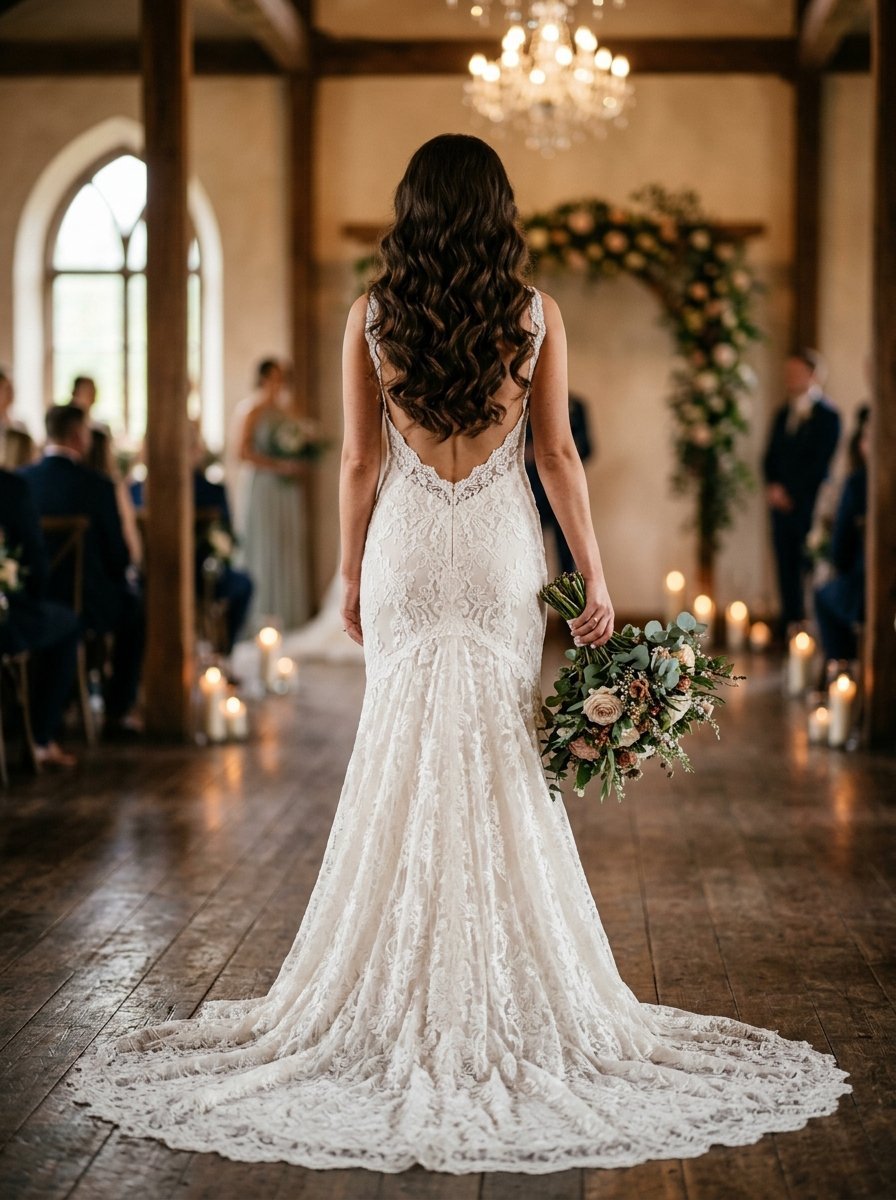 Bride in a lace backless gown holding a bouquet in a dimly lit rustic wedding hall.