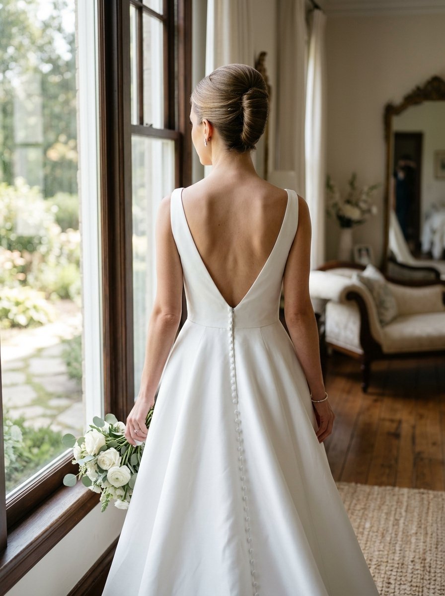 Back view of a woman in a bridal dress with button detailing standing near a bright window holding white flowers.