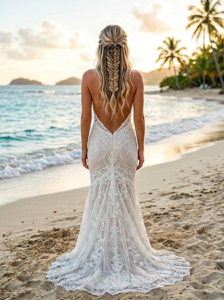 Woman with a fishtail braid wearing an intricate lace wedding dress looking at the ocean at sunset.