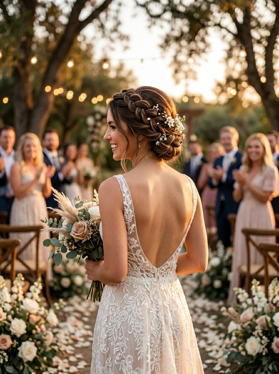 Smiling bride with braided hair holding a floral bouquet as guests applaud during an outdoor sunset ceremony.