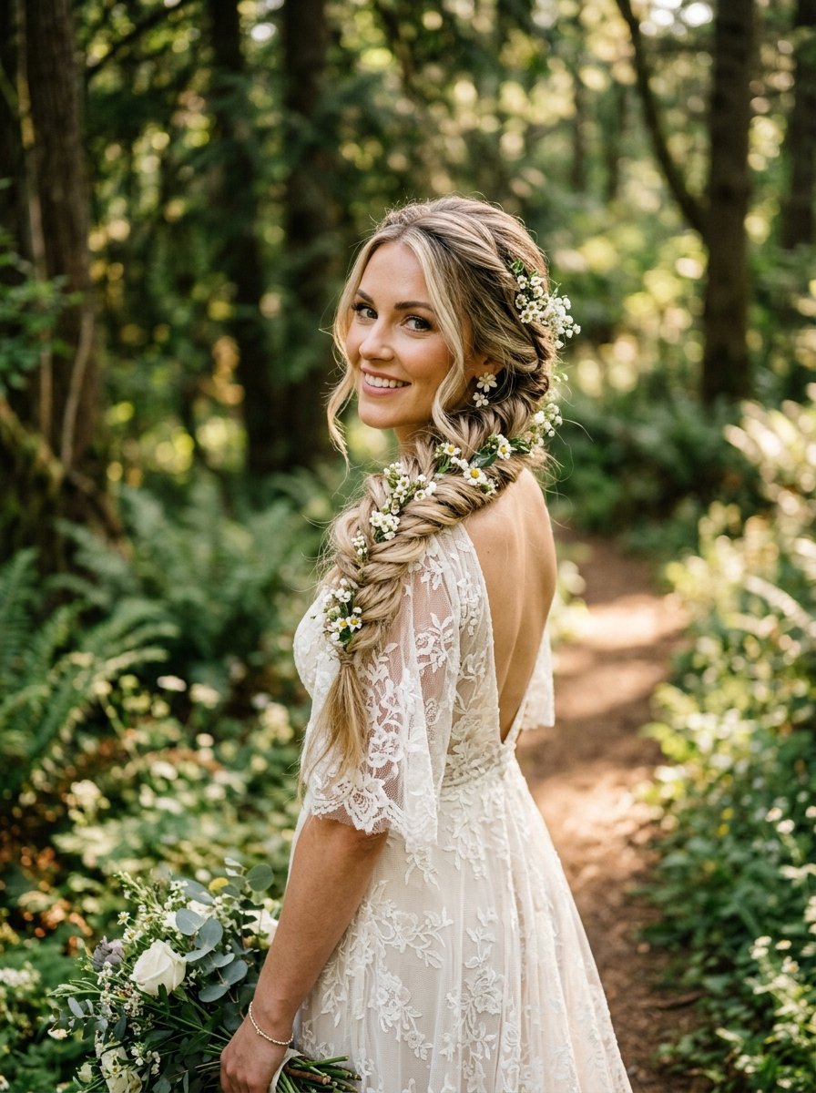 Smiling bride in a lace gown with flowers in her long braid posing along a lush wooded trail.