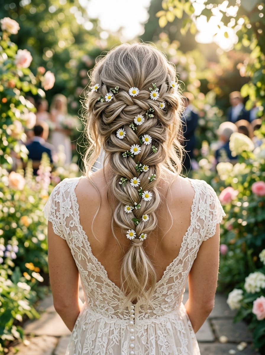 Back view of a bride with blonde hair in a loose, intricate braid decorated with small white daisy blossoms.