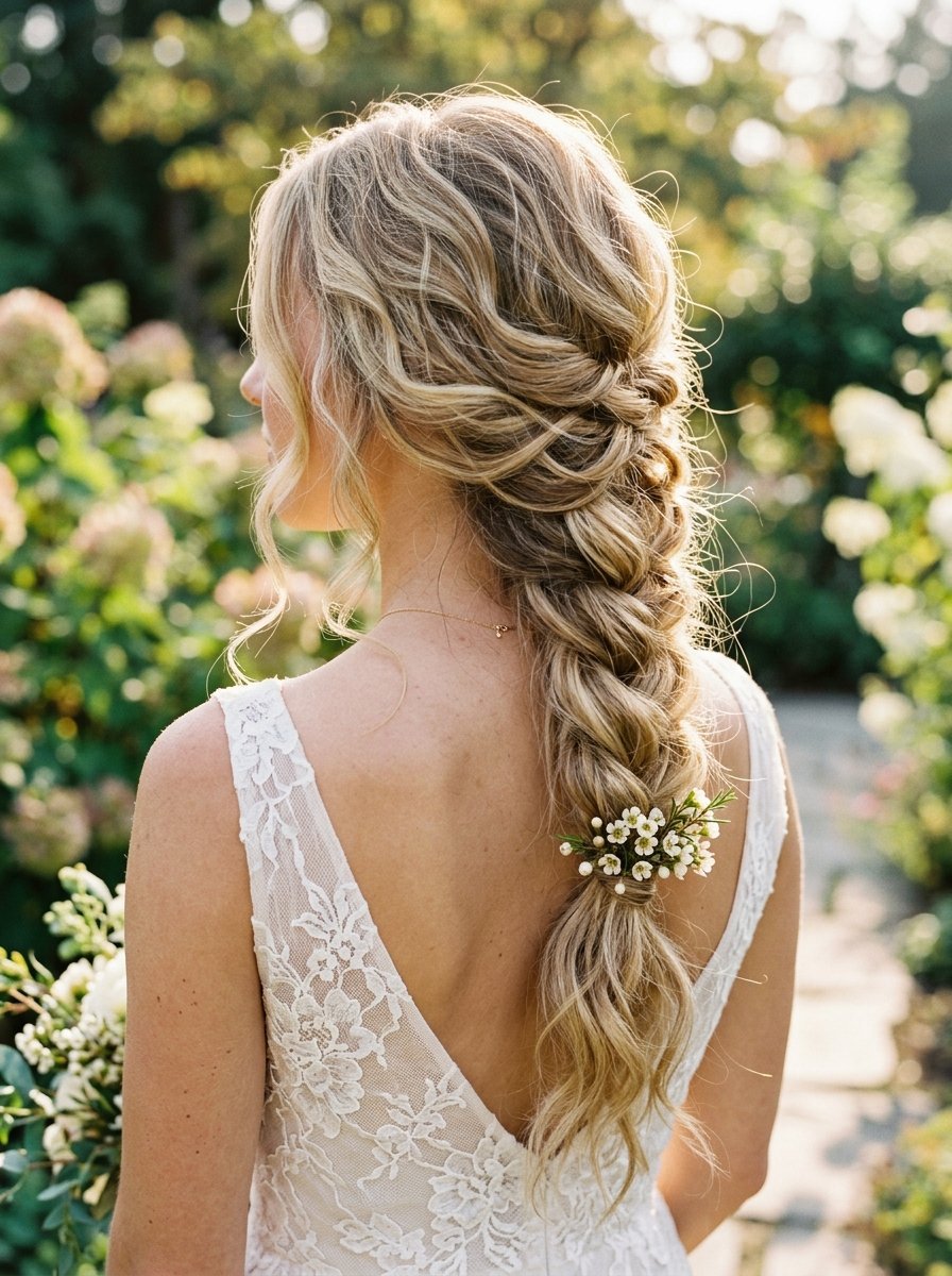 Back view of a blonde woman in a lace wedding dress wearing a soft, voluminous braided hairstyle with floral detail.