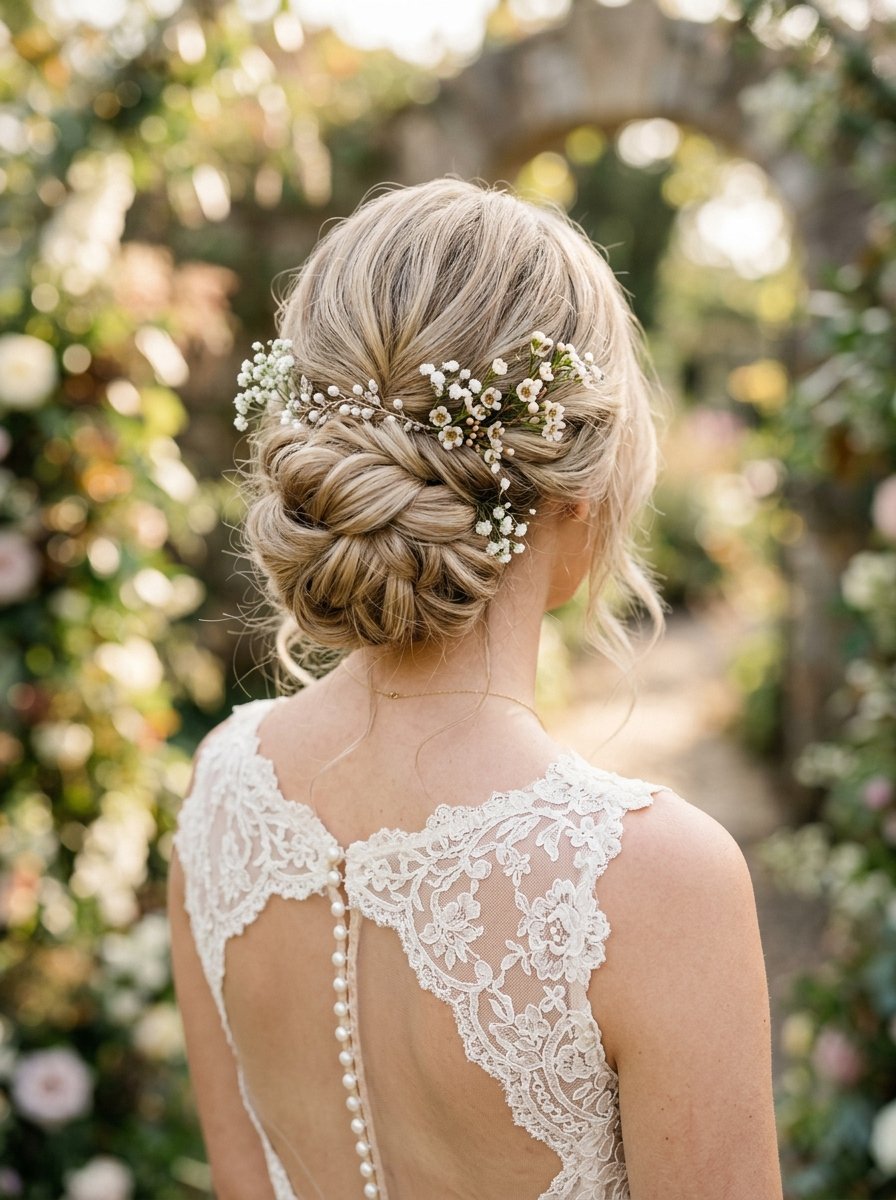 Close up rear view of a bride with a textured braided bun and white flowers in her hair.