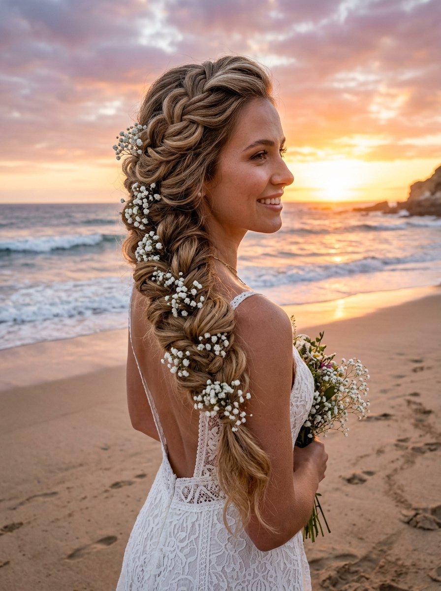 Young woman in a lace wedding dress with a side braid decorated with baby's breath flowers on a sandy beach.