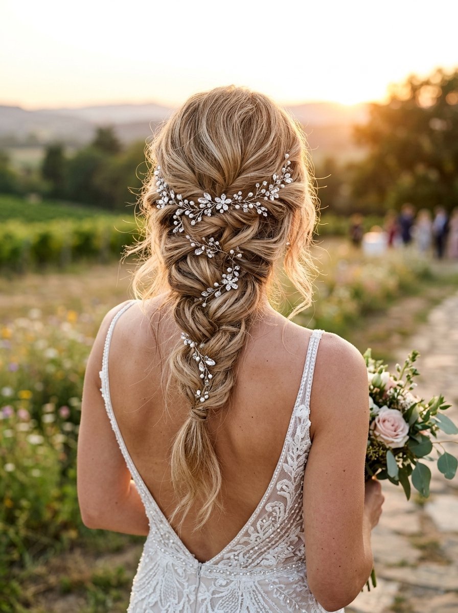 Back view of a bride with blonde hair in a loose braid adorned with sparkling silver flower hair pins at sunset.