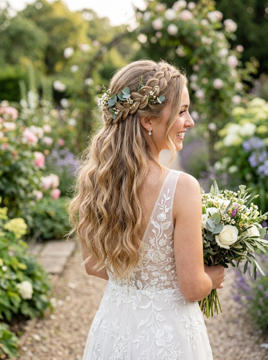 Back view of a blonde bride with braided hair adorned with white flowers and eucalyptus in a lush rose garden.