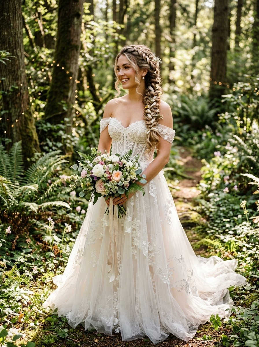 Smiling bride with a long fishtail braid and white lace dress standing on a wooded path in the forest.