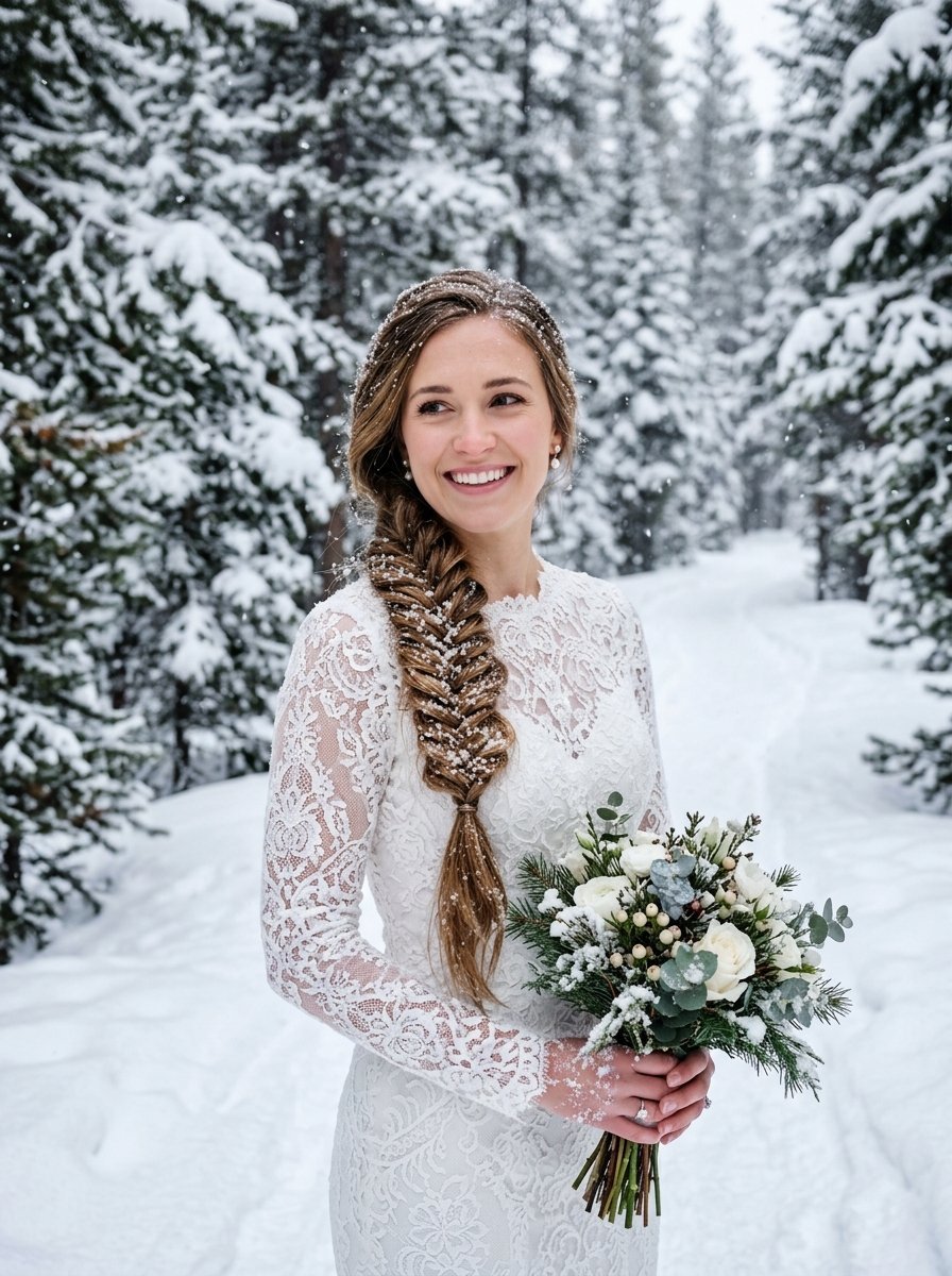 A bride in a white lace dress with a fishtail braid stands amidst snow-covered pine trees during a light snowfall.