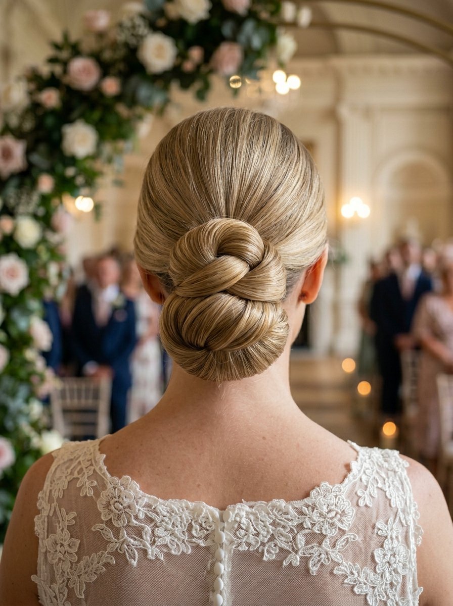 Close-up back view of a bride with a sophisticated braided bun hairstyle at a wedding ceremony.
