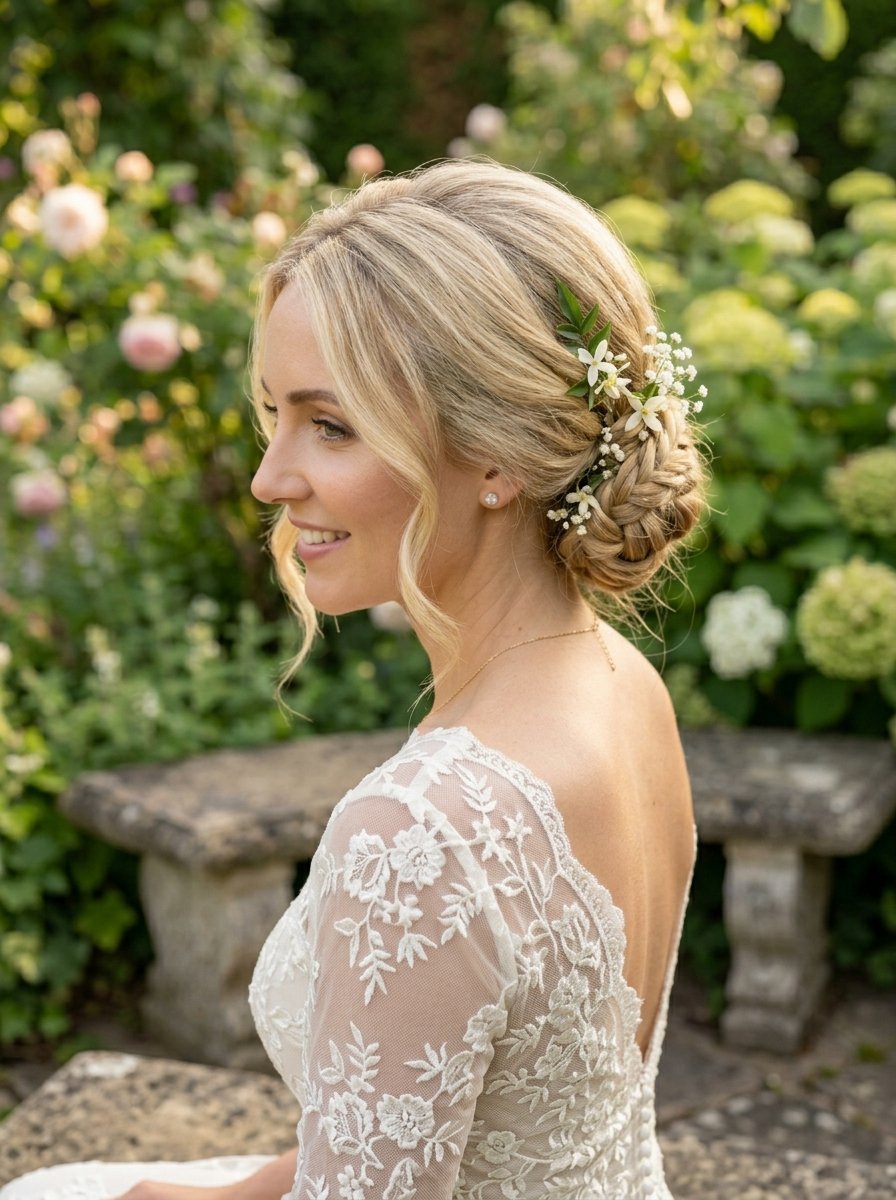 Profile view of a smiling blonde bride with an elegant braided bun hairstyle adorned with small white flowers.