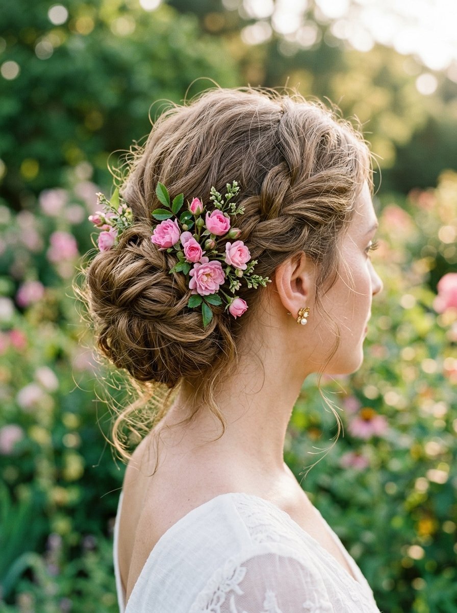 Side view of a woman with a textured braided bun decorated with small pink flower clusters in a garden.