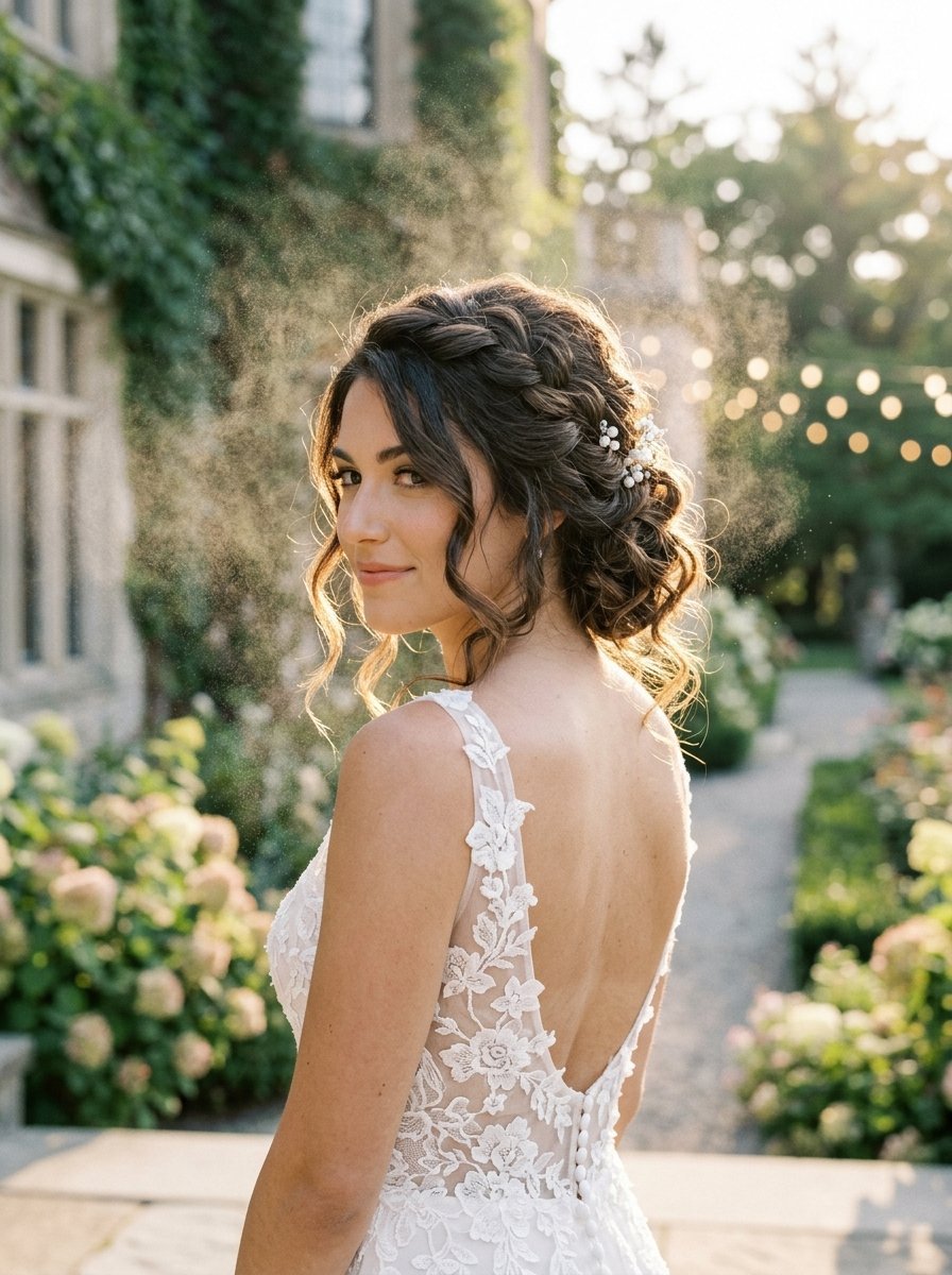 Close-up portrait of a bride in a lace dress with a soft braided updo posing in a sunlit garden.