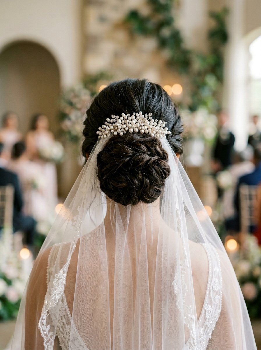 Back view of a bride with a dark braided bun adorned with a beaded pearl hair accessory and sheer lace veil.