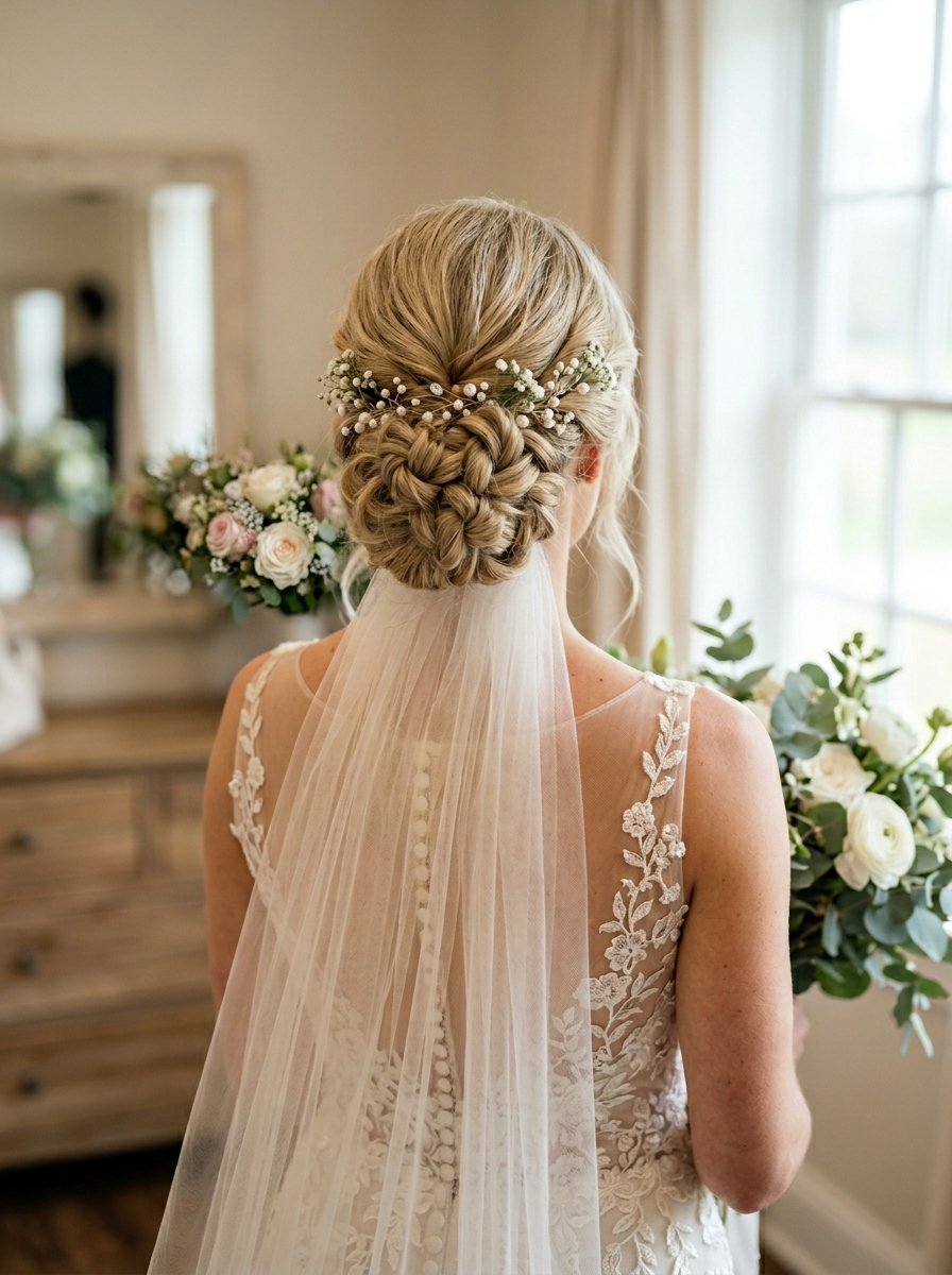 Back view of a blonde bride in a lace gown with a complex braided bun hairstyle and a long sheer wedding veil.