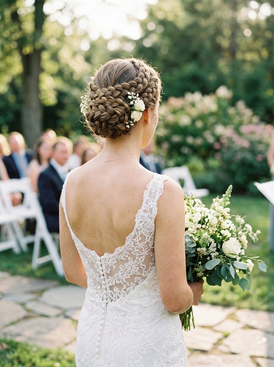 Back view of a bride in a lace dress with a braided bun hairstyle decorated with small white flowers.