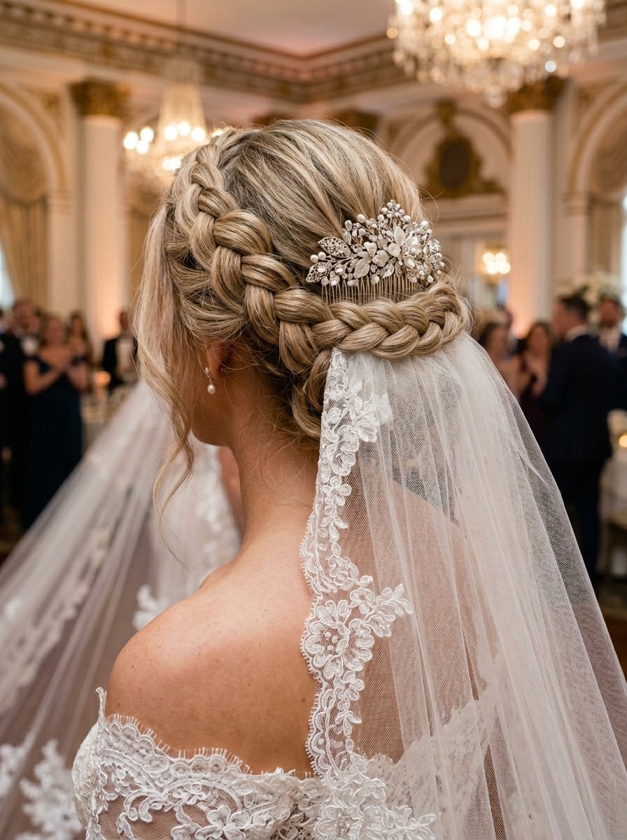 Close-up of a bride from behind wearing a braided hairstyle, lace veil, and ornate floral crystal hair accessory.