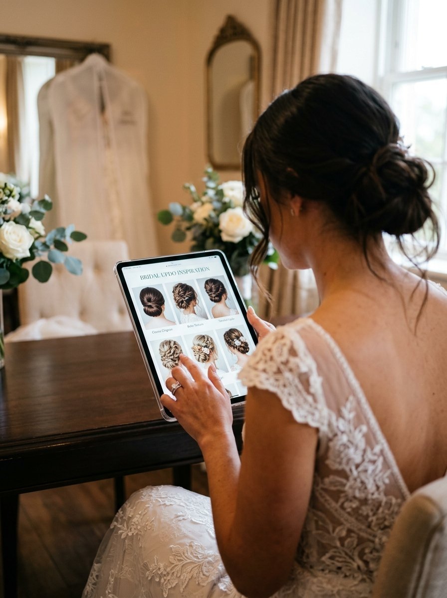 Woman in a lace wedding gown selecting a bridal hairstyle from a grid of photos on a tablet screen.
