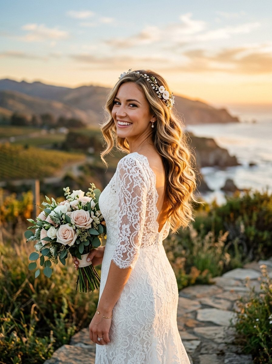 A smiling woman in a lace wedding dress with a floral crown stands overlooking the ocean at sunset.
