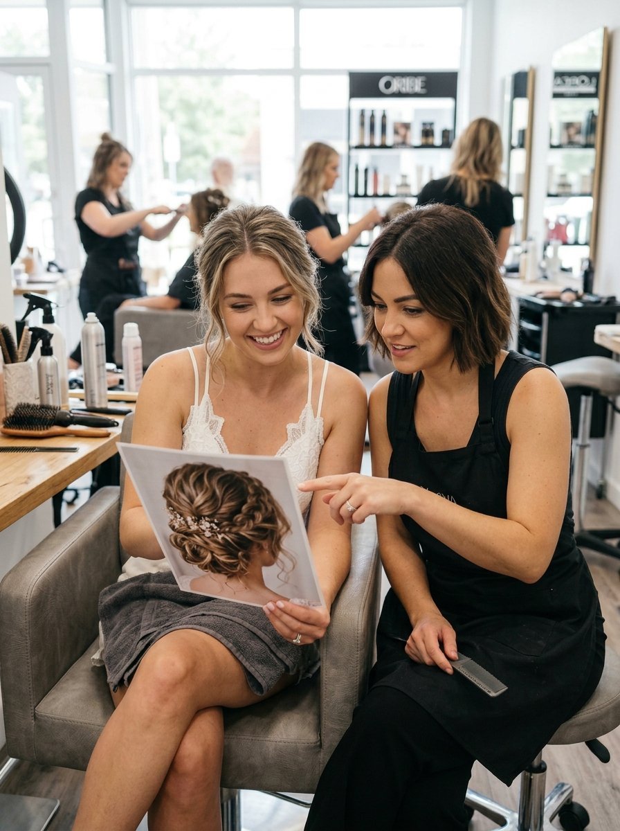Hairstylist points to a photo of an intricate bridal updo while consulting with a smiling woman in a salon chair.