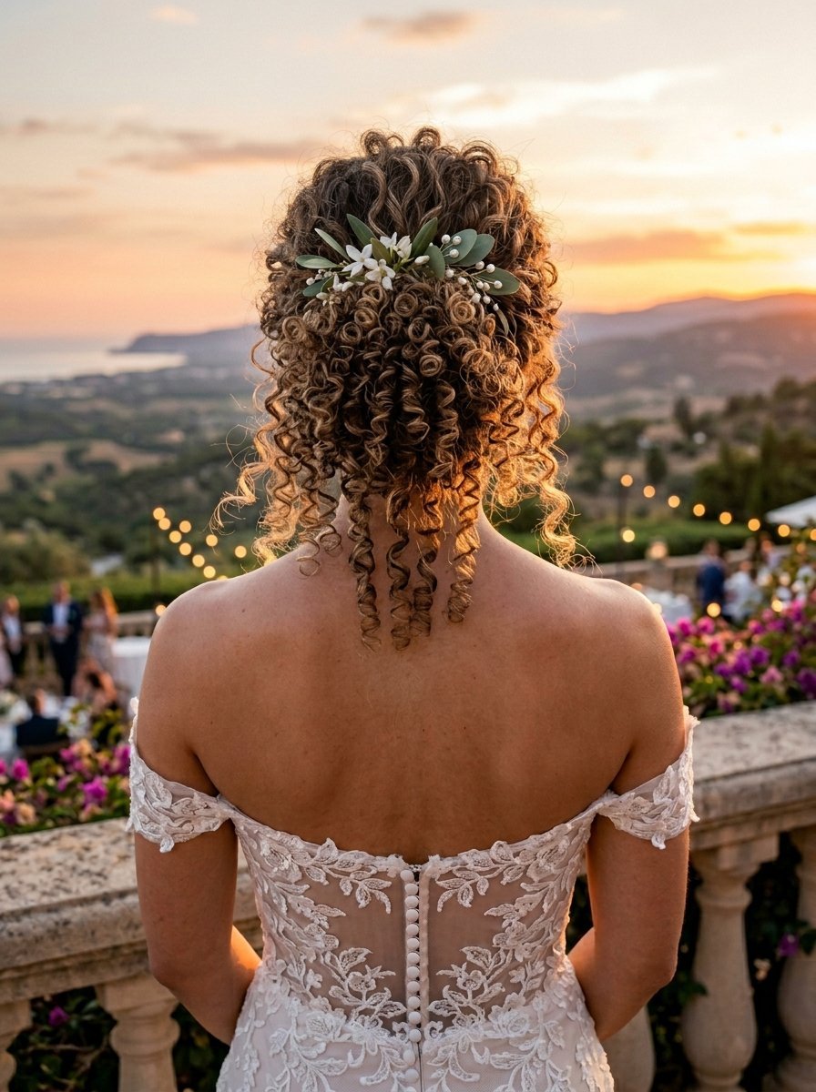 Back view of a bride with curly hair styled with a floral pearl hair piece overlooking a sunset landscape.