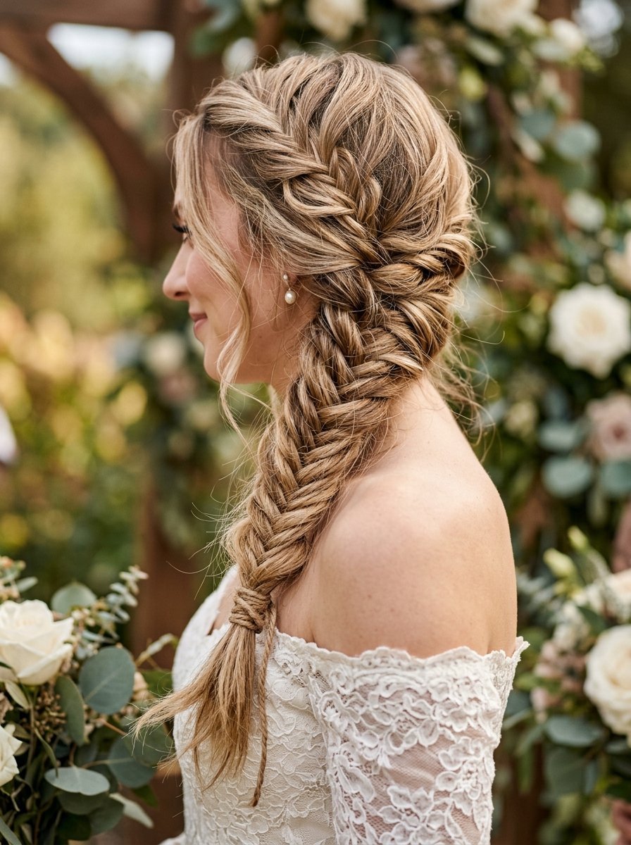 Side profile of a bride with blonde hair in a messy fishtail braid wearing an off-the-shoulder lace wedding gown.