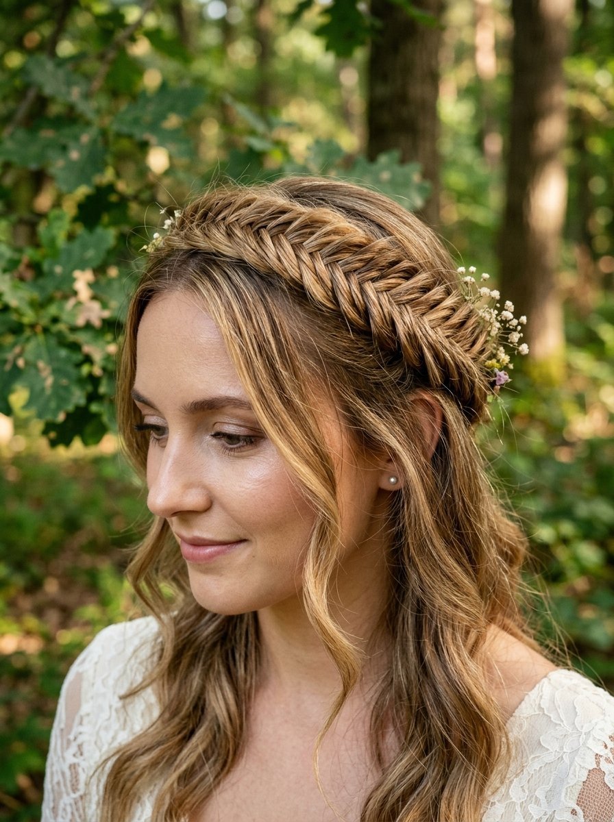 A woman with a fishtail braid crown adorned with tiny white flowers in a forest setting.