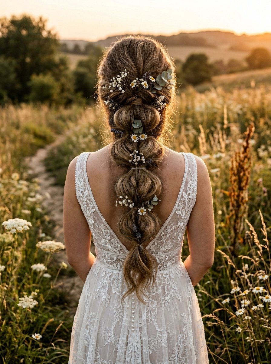 Back view of a woman wearing a white lace bridal dress with a hair braid decorated with small daisies and greenery.
