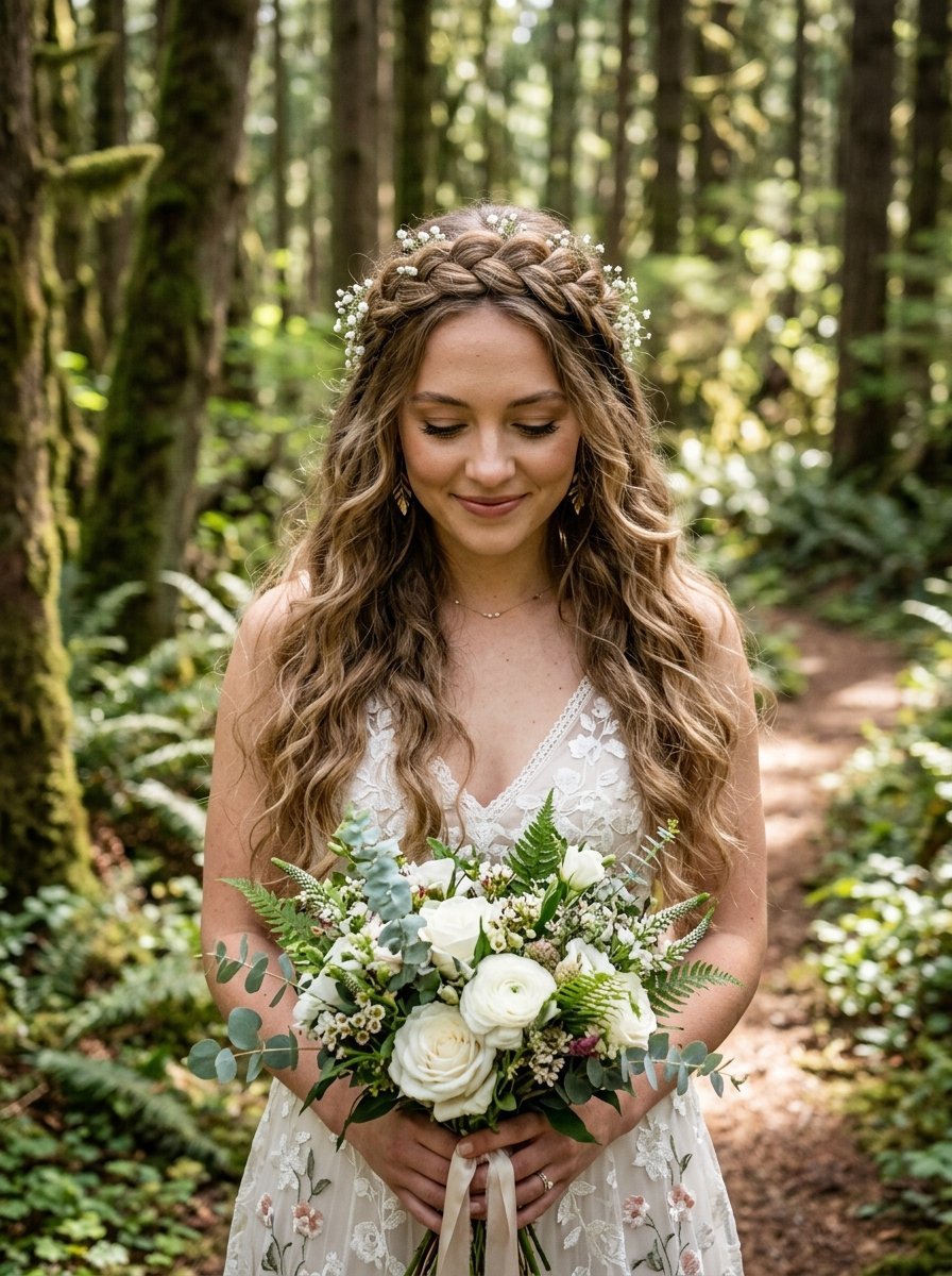 Young woman with a braided hairstyle and baby's breath crown holding a wedding bouquet in woodland setting.