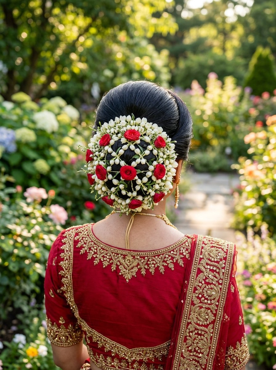Back view of a woman wearing a red embroidered outfit with a floral gajra hair bun in a garden.